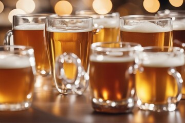 'cool beer mugs alcohol ales beverage glasses mug drink foam wood table lager still life black booze brewed brewery brown bubble celebration close closeup cold dark draft draught frosty froth full'