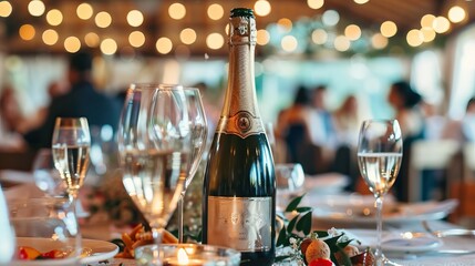 Bottle of champange on a wedding table with a blurred guest background.

 - obrazy, fototapety, plakaty