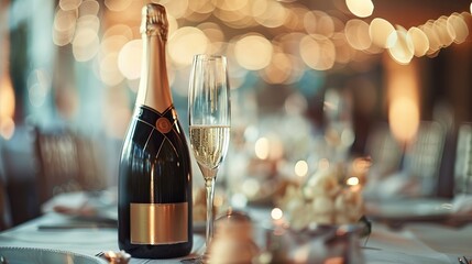 Bottle of champange on a wedding table with a blurred guest background.

