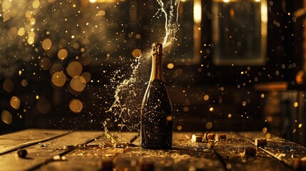 Bottle of champange on a wedding table with a blurred guest background.

