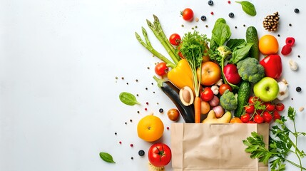 Colorful Assortment of Fresh Fruits and Vegetables Falling into a Paper Bag. Healthy Eating Concept. Vibrant Produce. Grocery Shopping Image. AI