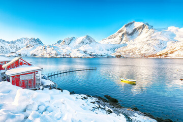 Awesome winter view of  fishing village on Sundstraumen strait