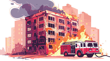 A fire truck drives towards a burning apartment build