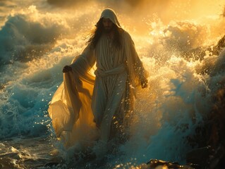 A man in a flowing white robe gracefully walks through the tranquil waters, exuding a sense of peace and serenity.