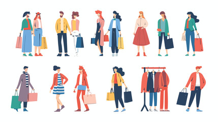 People shopping flat vector illustrations set. Happ