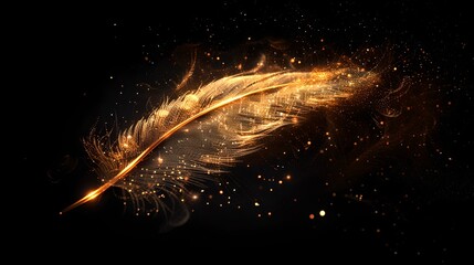 Vivid orange feather ablaze with sparkling particles, set against a dark background, conjures a sense of magic and mystery. Ideal for creative projects. AI - obrazy, fototapety, plakaty