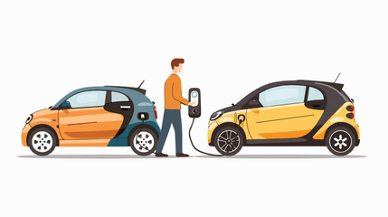 A man chooses between an electric car and a gasoline - obrazy, fototapety, plakaty