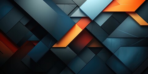 Abstract geometric background with overlapping blue and orange shapes creating a dynamic and modern design.