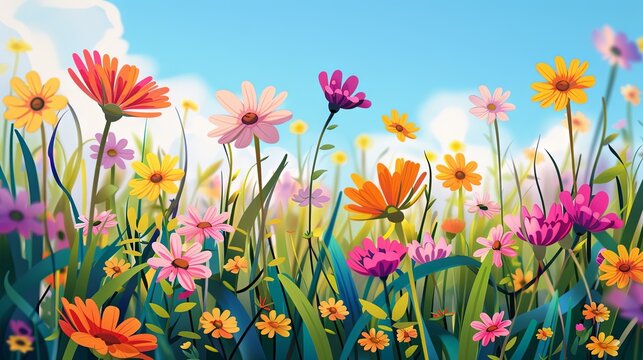 Flowers field summer concept drawing painting art wallpaper background