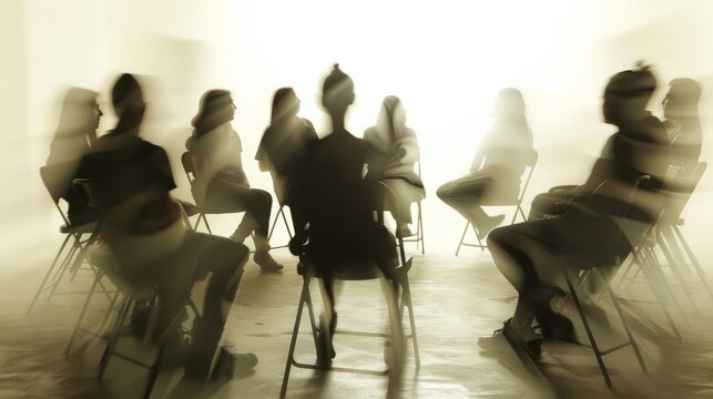 a long exposure photograph of young people sit on chairs in a circle and talk. Alcoholics Anonymous meeting, motion blur