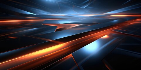 Abstract digital art featuring sharp geometric shapes with a dynamic interplay of blue and orange lighting.