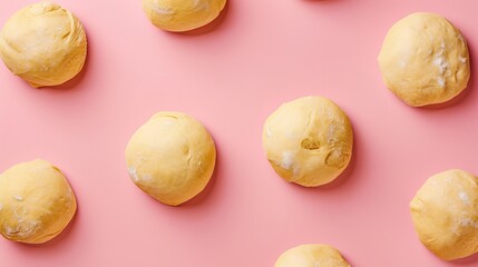 Challah dough in round shapes against a pink backgroud. copy space.

