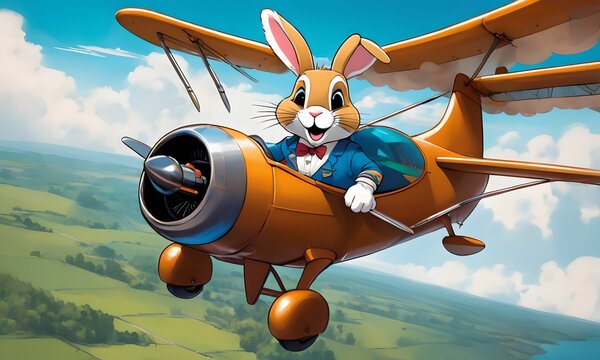 children's wallpaper representing a rabbit piloting a small plane, with a hilarious smile