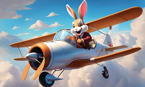 children's wallpaper representing a rabbit piloting a small plane, with a hilarious smile