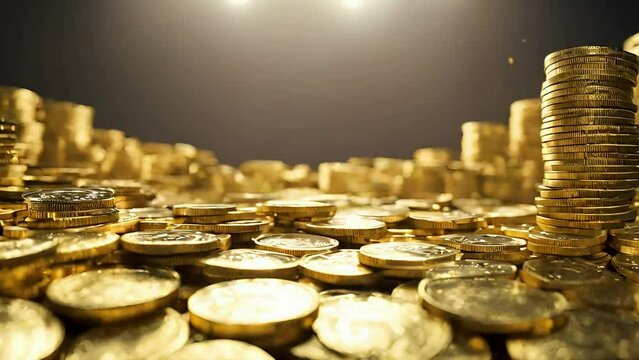 pile of gold coins. Generative ai, Money coin stack growing graph investment. Business Finance Save Money, green sapling growing out of a pile of golden coins.