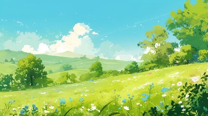 Obraz premium Illustration of a lush green backdrop depicting a beautiful summer landscape
