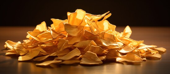 Scattered golden potato chips.