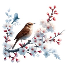 Obraz premium Isolation on a white background, on a pure white background. close-up of a branch of a blossoming apple tree and a small bird. A gentle butterfly flutters. Sunny day. Generative AI.