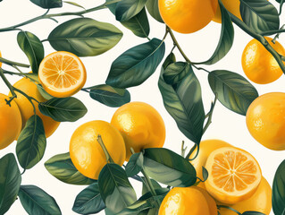 Seamless pattern featuring vibrant kumquat fruits with green leaves on a light background, in a vector illustration.