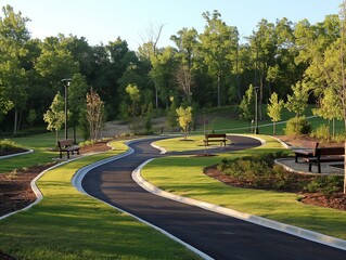 A park with a winding path and benches. The path is surrounded by trees and grass. The benches are placed along the path, providing a place for people to sit and enjoy the scenery