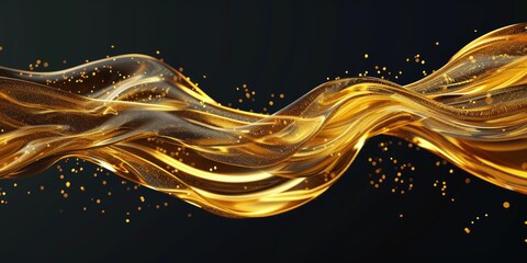 Elegant golden waves with sparkling particles on a dark background, conveying luxury and fluid motion.