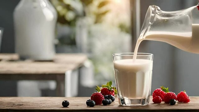 Milk pouring scene, Milk pouring scene in a glass, relaxing videos, asmr, berries, calming video, youtube, food recipes, ai generative