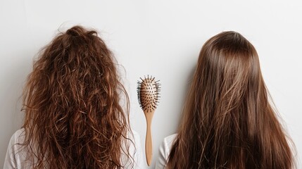 Closeup before-after unhealthy messy hair and clean brush healthy hairtype isolated on white...