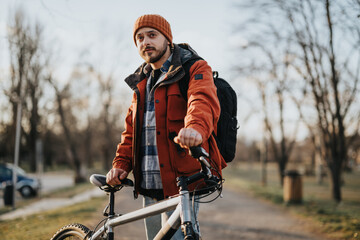Casual young man holding a bicycle handlebar in a park, experiencing the joy of a crisp fall day.
