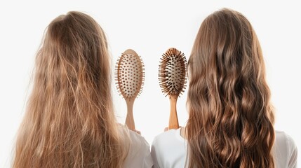 Closeup before-after unhealthy messy hair and clean brush healthy hairtype isolated on white background. Woman problem hair-type back view. Spit ends dry over-brushing hairstyle. Beauty care concept

 - obrazy, fototapety, plakaty
