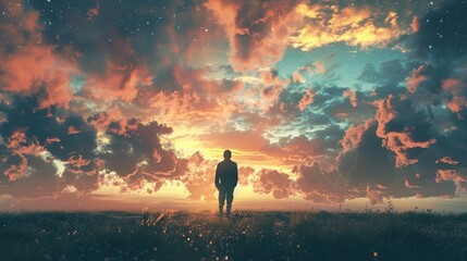 Meditation Mindfulness Spiritual Life - Silhouette Person Man Standing at Heaven Fantasy Landscape with Shining Cloudy Sky

