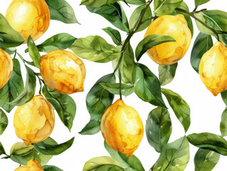 Seamless pattern featuring illustrations of yellow lemons and green leaves on a white background.