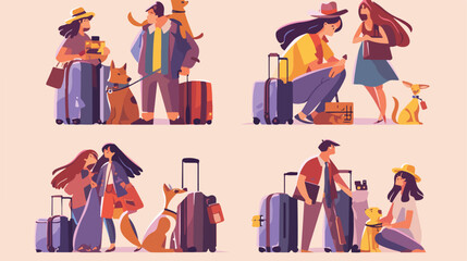People travel with pets set vector illustration. Ca