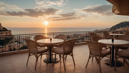 Landscape of outdoor luxury cafe table and chairs on rooftop in Monaco with sea view and beautiful sunset sky. Ai Generative. - obrazy, fototapety, plakaty