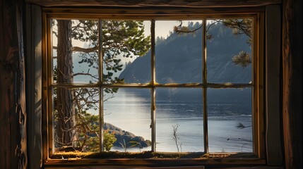 View of bay through cabin window
