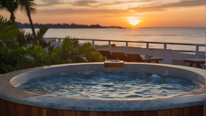 Fototapeta na wymiar Jacuzzi in luxury beach resort with beautiful sunset sky in background. Ai Generative.