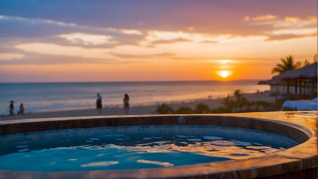 Jacuzzi in luxury beach resort with beautiful sunset sky in background. Ai Generative.