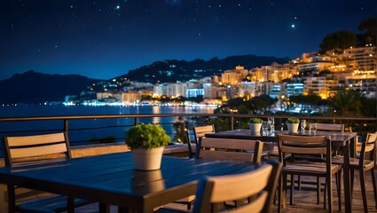 Fototapeta premium Landscape of outdoor luxury cafe table and chairs on rooftop in Monaco with sea view and beautiful evening sky. Ai Generative.