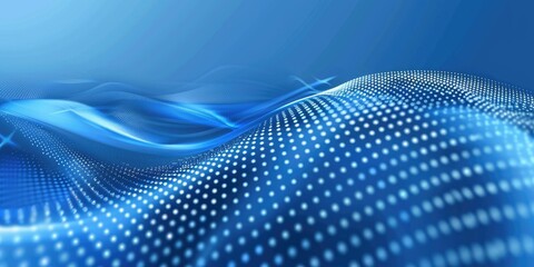 Abstract digital landscape with flowing blue waves and glowing dots, representing futuristic technology or data flow.