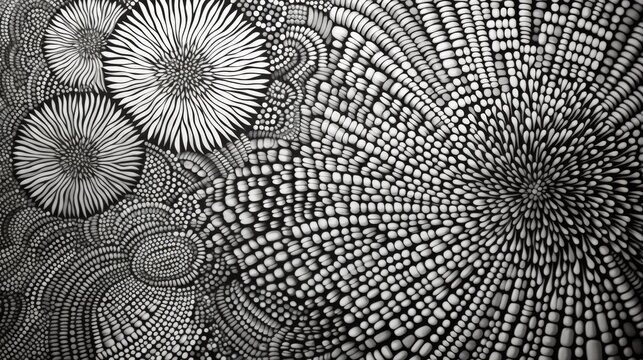 Stylized pointillist illustration of an abstract radiating pattern in silver and black