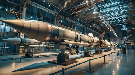 Cruise missiles on display,The concept of the destruction of Ukrainian infrastructure by Russian missiles.

 - obrazy, fototapety, plakaty