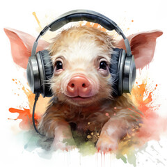 Watercolor Pig wearing headphones, clipart Illustration, Generative Ai