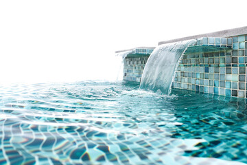 Tranquil hotel pool with a mosaic-tiled sun shelf and gently flowing water, isolated on solid white background.