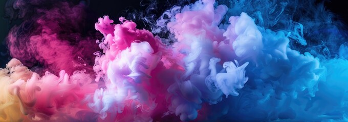 Vibrant multicolored smoke clouds merging in a dark background, creating a dynamic and abstract visual effect.