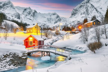 Fabulous evenihg scenery of Norwegian Nusfjord village.