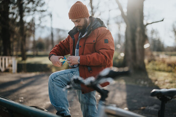 Focused male cyclist in a beanie and jacket adjusts his bike, showcasing outdoor activity and...