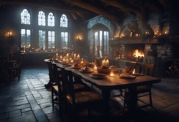 Fototapeta na wymiar tavern inn 3D daylight open food burning fireplace interior moody candles medieval illustration tables Dark window drink