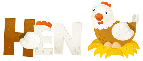 Fototapeta premium cartoon scene with happy hen chicken poultry farm animal theme with name template isolated background illustration for children