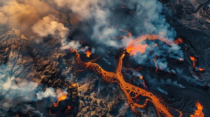 Drone view of a Volcanic Eruption, Holuhraun Fissure, Iceland.


