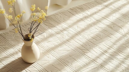 corner of a a clean light beige carpet with minimalist geometric pattern. japandi decoration. Empty space