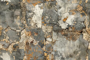 A wall with cracks and peeling paint. The wall is made of stone and has a rough texture